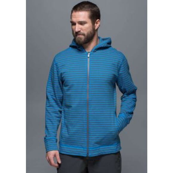 Lululemon Rival Hoodie Mens Large Blue Gray Striped French Terry Full Zip - Picture 1 of 8
